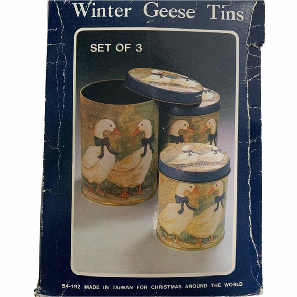 Vintage Nesting Metal Tin Canisters Winter Geese Ducks Set of 3 - Picture 1 of 5